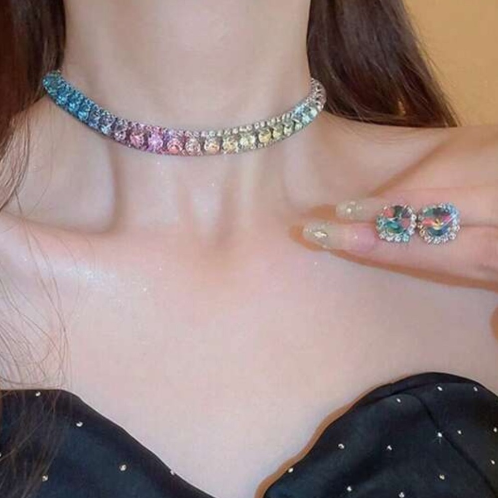 Colorful Rhinestone Jewelry Set Bridal, Prom, Glam, Party, Necklace & Earrings